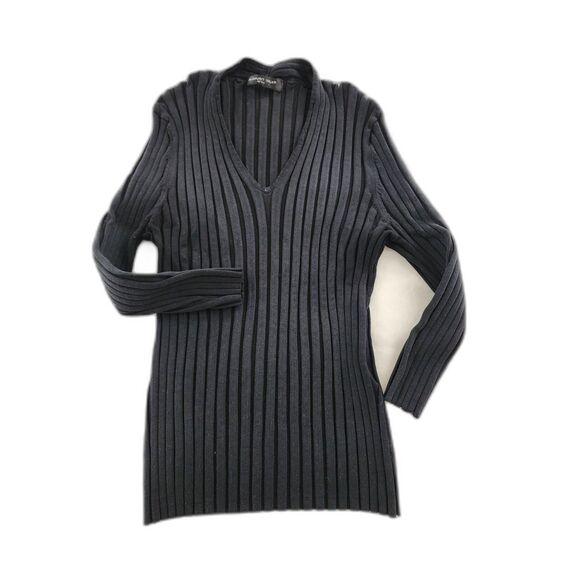 August silk ribbed black sweater sz Medium stretchy v-neck 3/4 sleeves office - Picture 1 of 10